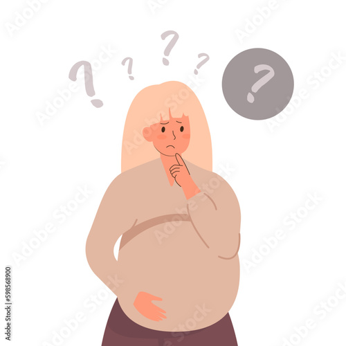 Forgetful pregnant woman in flat design. Forgetfulness. A young pregnant woman has memory problems.