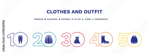 set of clothes and outfit filled icons. clothes and outfit filled icons with infographic template. flat icons such as pegged pants, tulle skirt, long bandeau dress, wool boots, circle skirt vector.