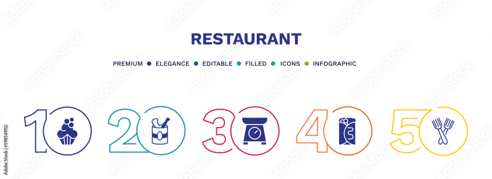 set of restaurant filled icons. restaurant filled icons with infographic template. flat icons such as cupcake with cream, open tin with spoon, electric weight scale, crepe and cream, salad fork