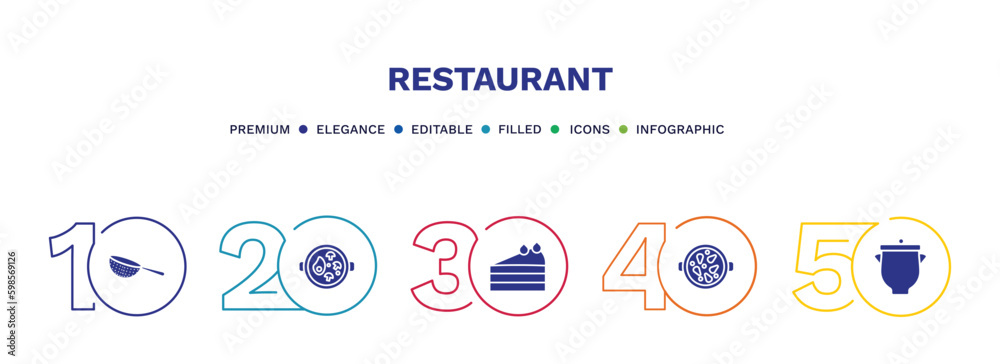 set of restaurant filled icons. restaurant filled icons with infographic template. flat icons such as strainer with handle, combine meal, cut cake piece, paella with parwns, pot cover vector.
