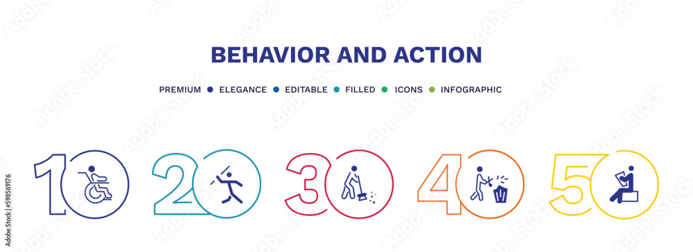 set of behavior and action filled icons. behavior and action filled icons with infographic template. flat icons such as man on wheelchair, man throwing javelin, man sweeping, prune hedge, stick set of behavior and action filled icons. behavior and action filled icons with infographic template. flat icons such as man on wheelchair, man throwing javelin, man sweeping, prune hedge, stick