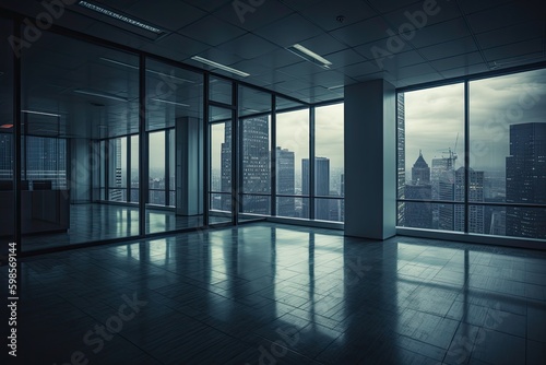 an empty room with a panoramic view of the city skyline. Generative AI Generative AI