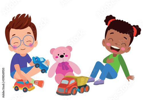 A boy and girl playing with toys and a teddy bear.