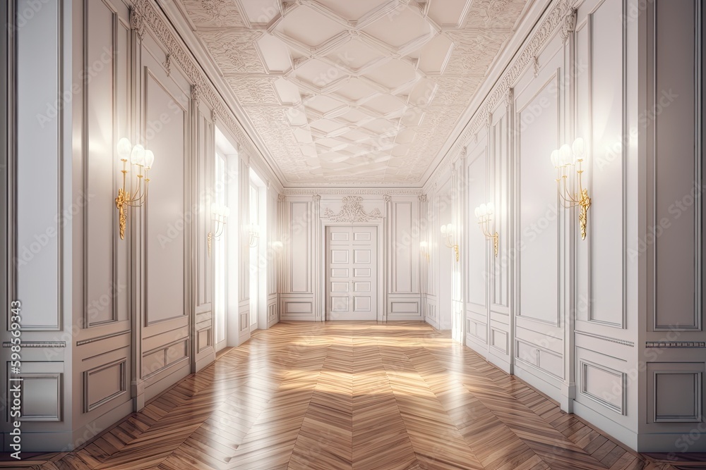 an empty room with white walls and wooden floors. Generative AI Generative AI