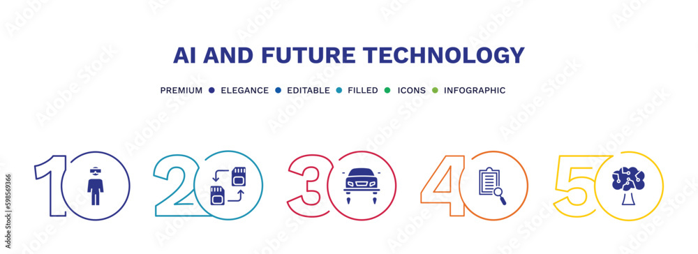 set of ai and future technology filled icons. ai and future technology filled icons with infographic template. flat icons such as oculus rift, memory transfer, fyling vehicle, evaluation, technology