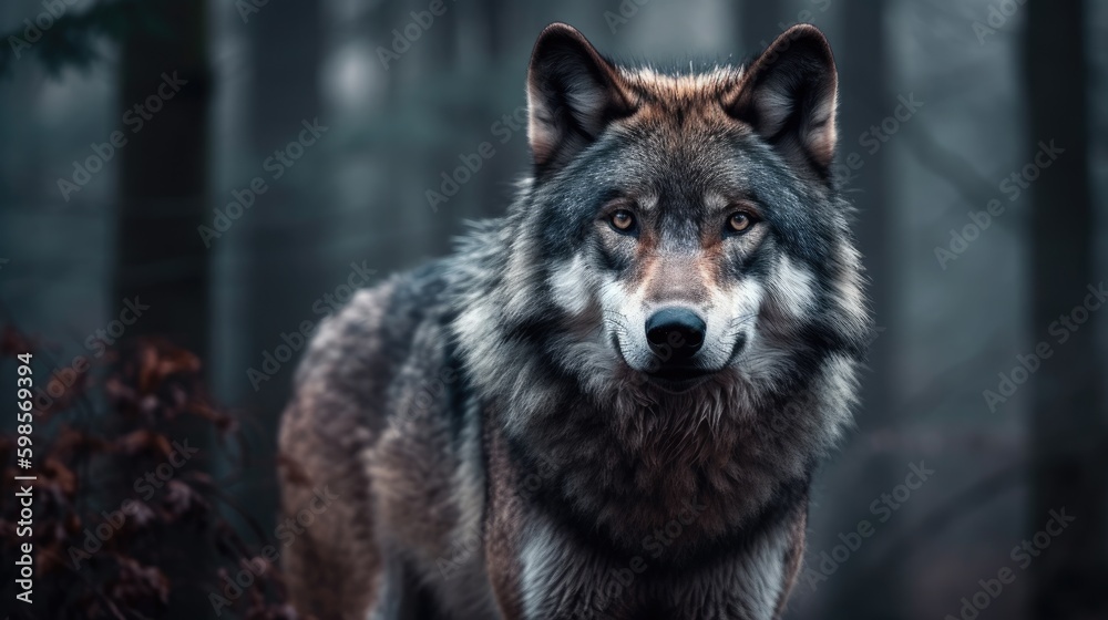 A powerful image of a wolf, with piercing eyes and a sense of wildness against a misty forest backdrop. generative ai A powerful image of a wolf, with piercing eyes and a sense of wildness against a misty forest backdrop. generative ai