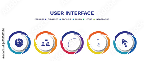 set of user interface filled icons. user interface filled icons with infographic template. flat icons such as navigation arrows, industrial action, curve line, arrow heading up, mouse arrow vector.