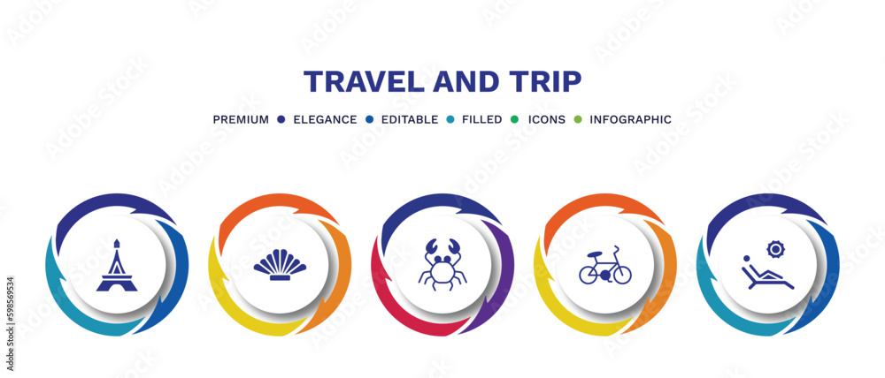set of travel and trip filled icons. travel and trip filled icons with infographic template. flat icons such as eiffel tower, shell, crab, bike, sun bath vector. set of travel and trip filled icons. travel and trip filled icons with infographic template. flat icons such as eiffel tower, shell, crab, bike, sun bath vector.