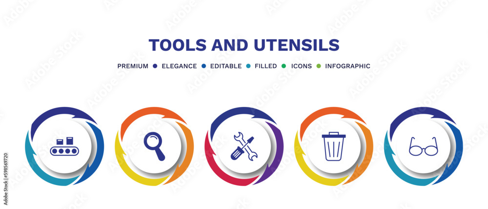 set of tools and utensils filled icons. tools and utensils filled icons with infographic template. flat icons such as packing hine, magnifier, reparation, recycling bin, reading glasses vector.