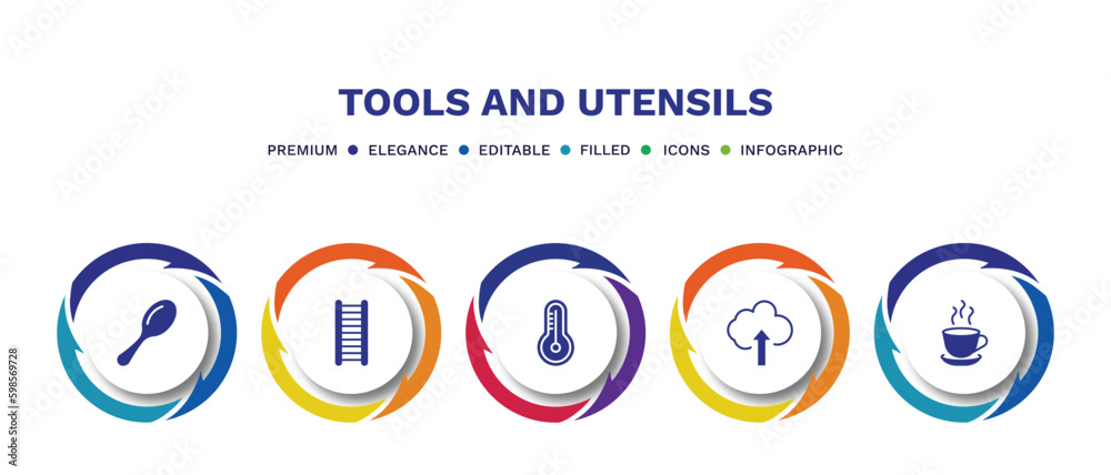 set of tools and utensils filled icons. tools and utensils filled icons with infographic template. flat icons such as large spoon, hanging ladder, thermometers, up arrow and cloud, cup of hot coffee set of tools and utensils filled icons. tools and utensils filled icons with infographic template. flat icons such as large spoon, hanging ladder, thermometers, up arrow and cloud, cup of hot coffee