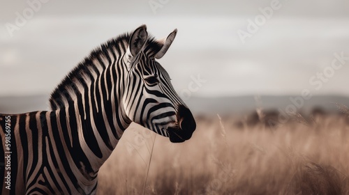  A powerful portrait of a zebra  with bold stripes and a sense of strength against a muted savannah landscape. generative ai
