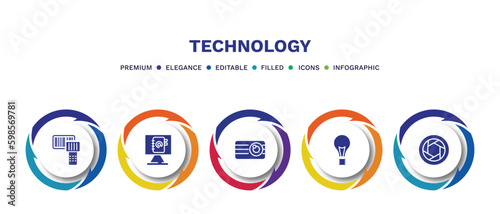 set of technology filled icons. technology filled icons with infographic template. flat icons such as portable scanner, email agenda, retro squared camera, light bulb turned off, camera shutter