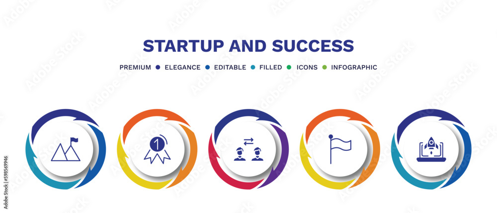 set of startup and success filled icons. startup and success filled icons with infographic template. flat icons such as overcome, first, exchanging, success flag, startup laptop vector. set of startup and success filled icons. startup and success filled icons with infographic template. flat icons such as overcome, first, exchanging, success flag, startup laptop vector.