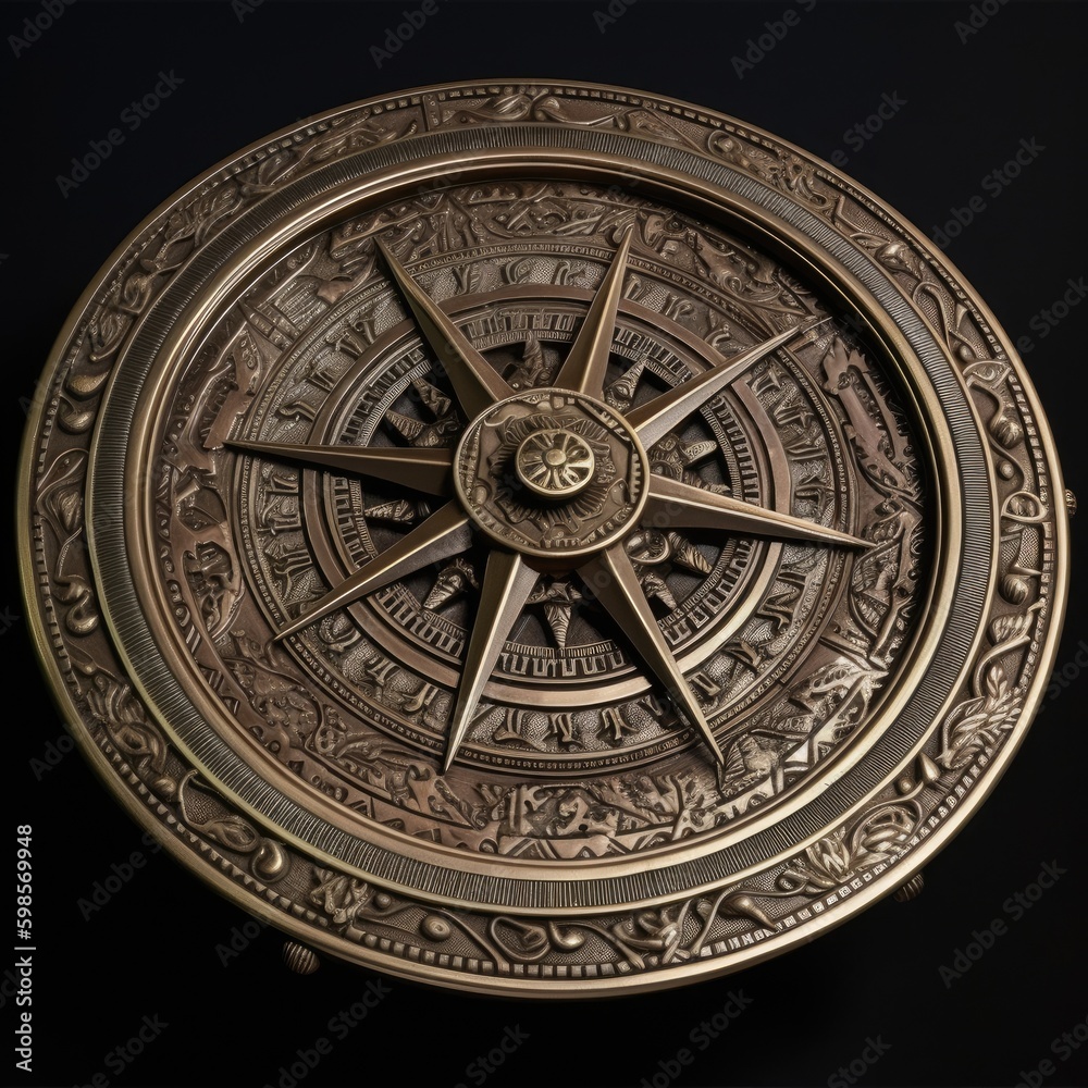  A realistic, tarnished bronze compass with intricate engravings on a black background, highlighting its antique charm and navigational prowess. generative ai