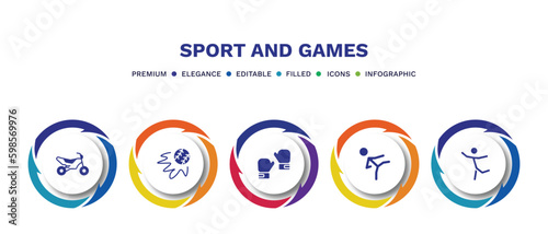 set of sport and games filled icons. sport and games filled icons with infographic template. flat icons such as motocross, home run, two boxing gloves, karate fighter, dancer motion vector.
