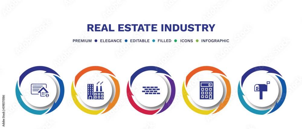 set of real estate industry filled icons. real estate industry filled icons with infographic template. flat icons such as deposit, industrial park, wall, calculate, mailbox vector. set of real estate industry filled icons. real estate industry filled icons with infographic template. flat icons such as deposit, industrial park, wall, calculate, mailbox vector.