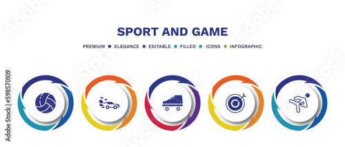 set of sport and game filled icons. sport and game filled icons with infographic template. flat icons such as volleyball ball, drift car, roller skate, bullseye, karate fighter vector.