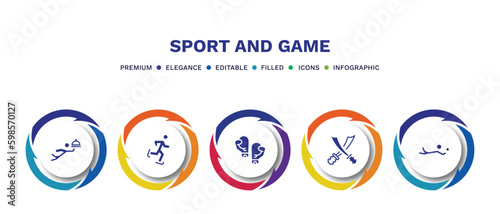 set of sport and game filled icons. sport and game filled icons with infographic template. flat icons such as waiter falling, ice skating, two boxing gloves, saber, volleyball motion vector.