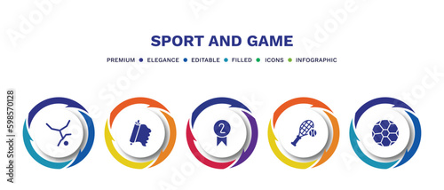 set of sport and game filled icons. sport and game filled icons with infographic template. flat icons such as breakdance, foil, second prize, tennis game, football ball vector.