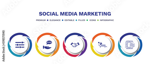 set of social media marketing filled icons. social media marketing filled icons with infographic template. flat icons such as options, advise, partner, recreational, postcard with stamp vector.