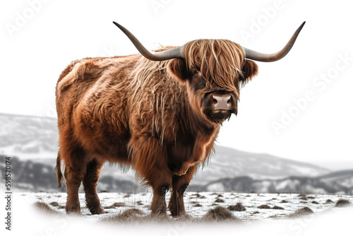 Image of a highland cow. Farm animals. Illustration, Generative AI.