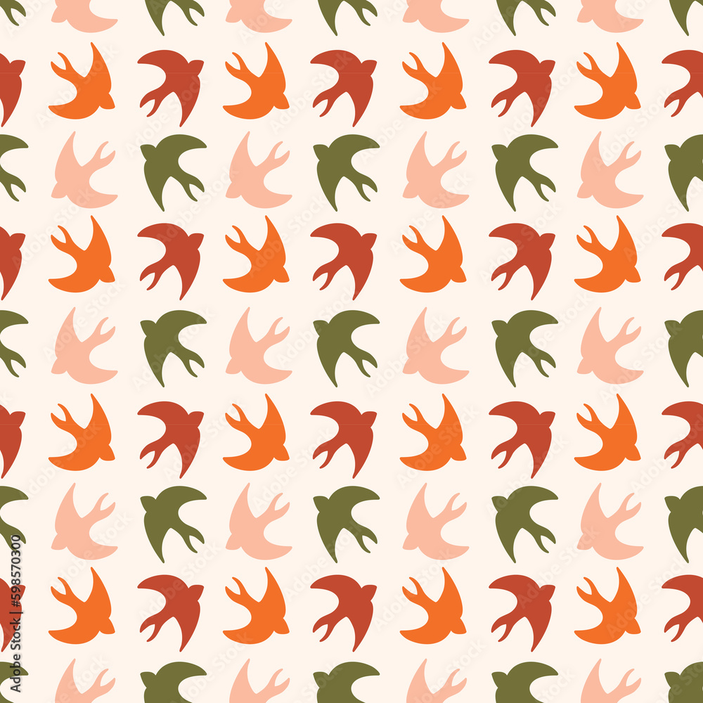 Colorful birds in simple flat shapes seamless pattern. Retro style background with Scandinavian influence. Colorful birds in simple flat shapes seamless pattern. Retro style background with Scandinavian influence.