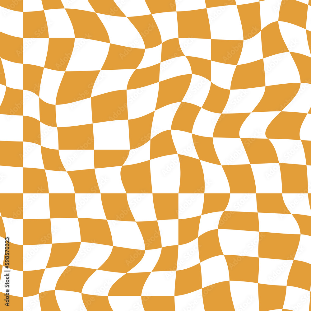 Wavy checkered seamless pattern in yellow and white. Optical illusion wrapped background in retro style of 60s and 70s. 