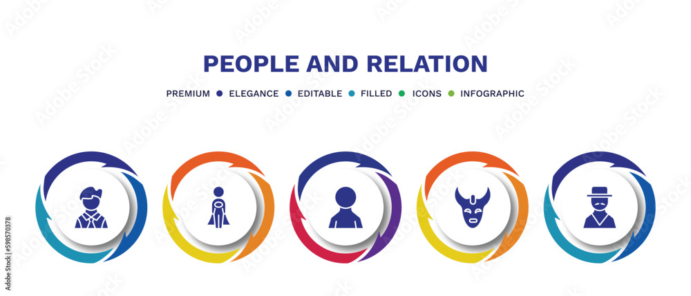 set of people and relation filled icons. people and relation filled icons with infographic template. flat icons such as bussiness man, cape, male user, devil mask, spanish man vector. set of people and relation filled icons. people and relation filled icons with infographic template. flat icons such as bussiness man, cape, male user, devil mask, spanish man vector.