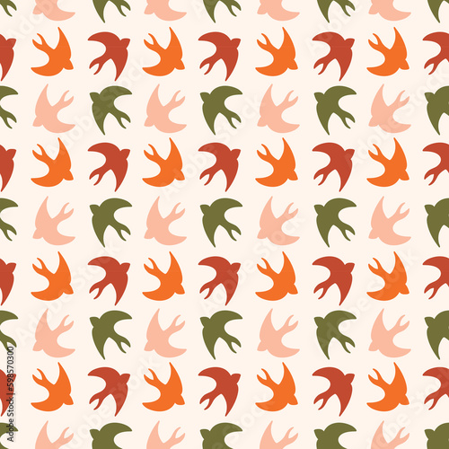Colorful birds in simple flat shapes seamless pattern. Retro style background with Scandinavian influence.