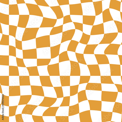 Wavy checkered seamless pattern in yellow and white. Optical illusion wrapped background in retro style of 60s and 70s. 
