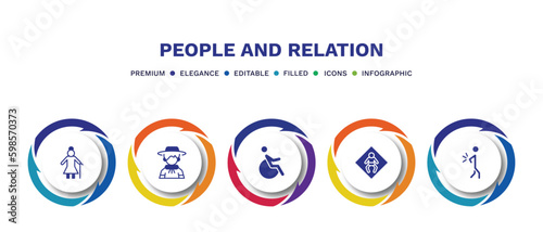 set of people and relation filled icons. people and relation filled icons with infographic template. flat icons such as elder, argentina, handicapped, baby zone, spindle vector.