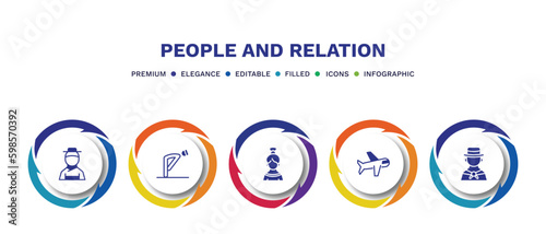 set of people and relation filled icons. people and relation filled icons with infographic template. flat icons such as korean, ruku, spanish woman, aviation, colombian vector.