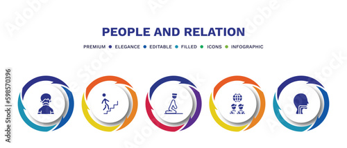 set of people and relation filled icons. people and relation filled icons with infographic template. flat icons such as hairy, walking downstairs, julus, business partnership, throat vector.