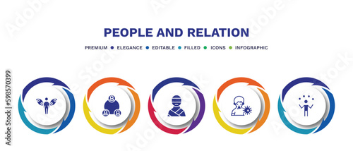 set of people and relation filled icons. people and relation filled icons with infographic template. flat icons such as grace, serve, kidnapping, sickness, juggling ball vector.