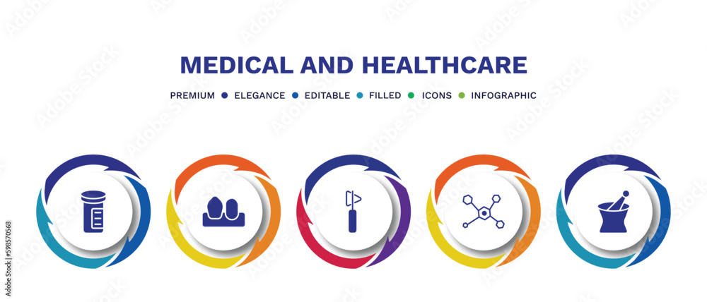 set of medical and healthcare filled icons. medical and healthcare filled icons with infographic template. flat icons such as pills jar, canine, medical hammer tool, molecular structure, phary tool