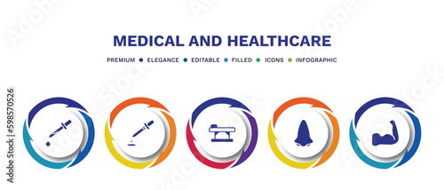 set of medical and healthcare filled icons. medical and healthcare filled icons with infographic template. flat icons such as eye dropper, dosage medical tool, table of treatments, l, strong vector.