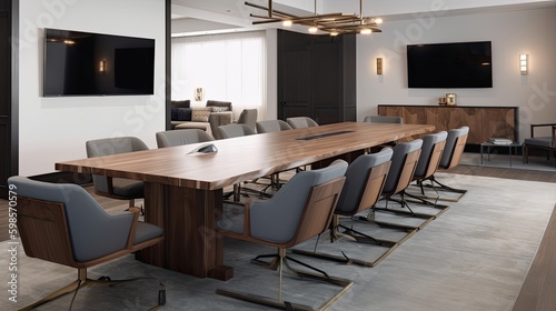  A sleek and modern conference room with a statement table, comfortable seating, and state - of - the - art audiovisual equipment. generative ai © 3D Station