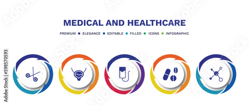 set of medical and healthcare filled icons. medical and healthcare filled icons with infographic template. flat icons such as opened medical scissors, bladder, plasma, drug pills, molecular