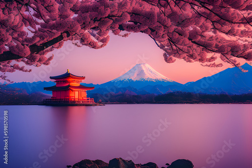 Red pagoda with cherry blossom sakura, lake reflecton and mountain. generative AI photo