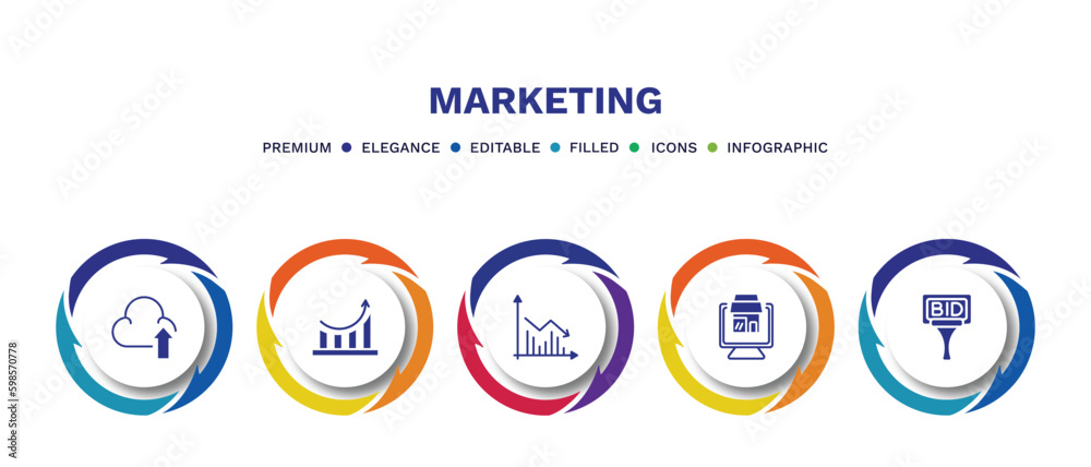 set of marketing filled icons. marketing filled icons with infographic template. flat icons such as upload to cloud, performance, marketing graph, web package, bid vector.