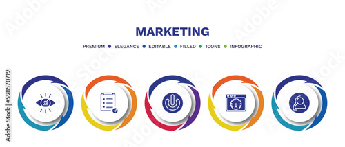 set of marketing filled icons. marketing filled icons with infographic template. flat icons such as business eye, result, on, velocity test, consumer vector.