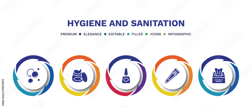 set of hygiene and sanitation filled icons. hygiene and sanitation filled icons with infographic template. flat icons such as bubbles, gel, varnish, nail clippers, tissues vector.