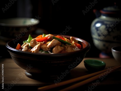 Food Photo of Chicken Carry with Vegetables Bowl Oriental Kitchen. Generative Ai