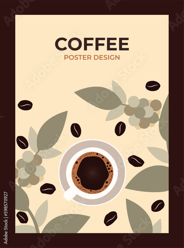 Vector drawing of a cup of coffee, coffee tones. Template for poster, banner, card, coffee design. Design elements.