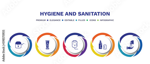 set of hygiene and sanitation filled icons. hygiene and sanitation filled icons with infographic template. flat icons such as flossing, body cream, epliator, lip balm, dryer vector.