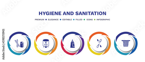 set of hygiene and sanitation filled icons. hygiene and sanitation filled icons with infographic template. flat icons such as toothpick, water heater, hair tonic, cotton, laundry basket vector.