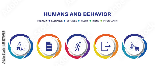set of humans and behavior filled icons. humans and behavior filled icons with infographic template. flat icons such as woman sweeping, single file, pain, out, housewife shopping vector.
