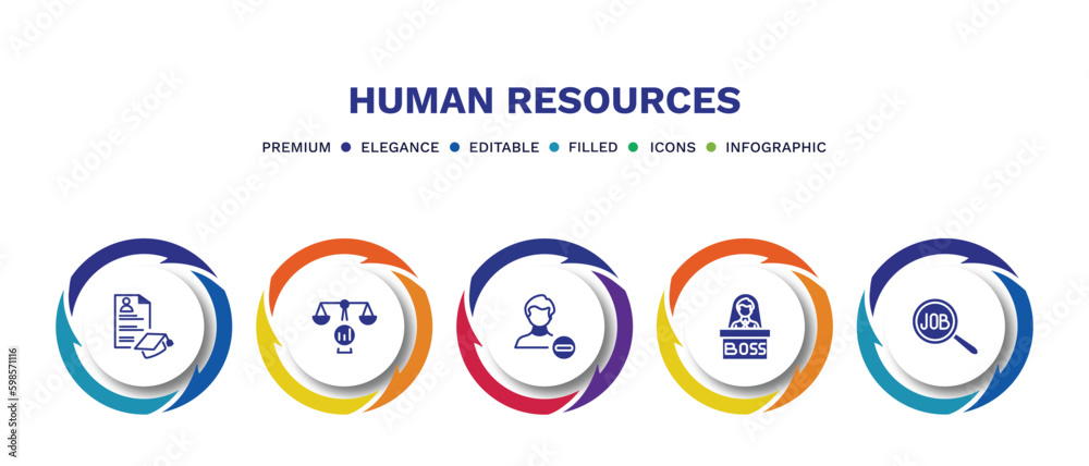 set of human resources filled icons. human resources filled icons with infographic template. flat icons such as curriculum, benchmarking, remove user, boss, job search vector. set of human resources filled icons. human resources filled icons with infographic template. flat icons such as curriculum, benchmarking, remove user, boss, job search vector.