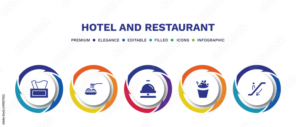 set of hotel and restaurant filled icons. hotel and restaurant filled icons with infographic template. flat icons such as napkins, spaghetti, reception bell, frozen yogurt, or down vector.