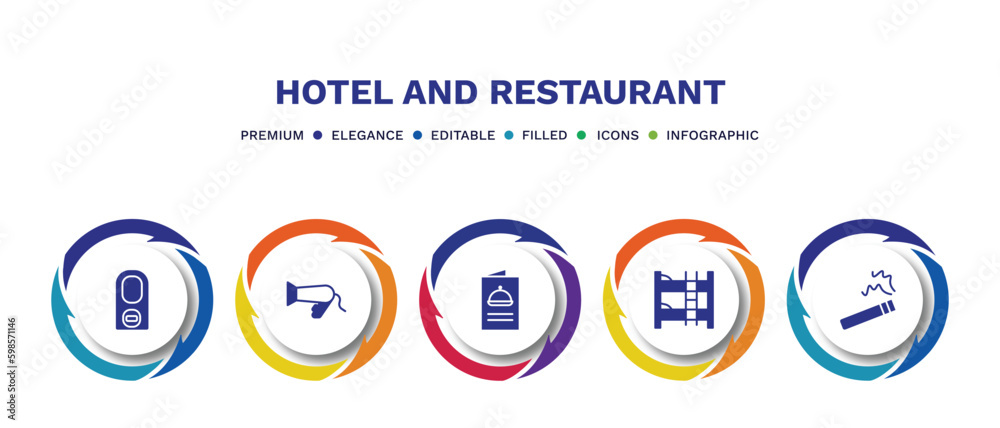 set of hotel and restaurant filled icons. hotel and restaurant filled icons with infographic template. flat icons such as do not disturb, hairdryer, menu, bunk, smoking vector.